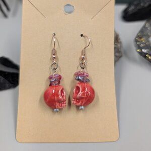 Handmade Gemstone & Ceramic Skull Crimson Red Drop Earrings